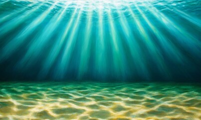 Obraz premium Underwater view with sunlight casting on vibrant ocean floor; blues, greens, and sunlight gold 
