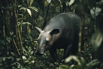 Fototapeta premium Dark tapir hidden rainforest foliage.