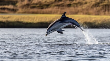 A dolphin leaping out of the water with a graceful arc, Perfect for ocean conservation or travel brands