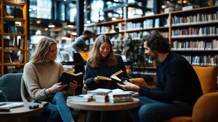Fototapeta premium Group of three people sitting in a library, engaged in reading books and smiling, surrounded by bookshelves and a cozy atmosphere, with soft lighting and wooden furniture.