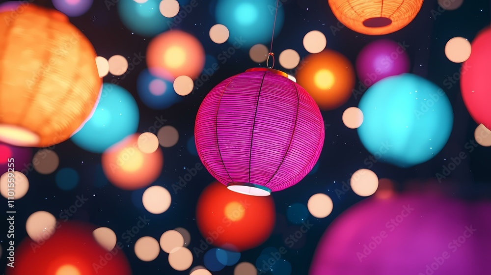 Poster a pink paper lantern hangs in front of a blurred background of colorful circles.