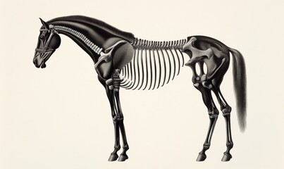 Obraz premium Vintage illustration of horse anatomy skeleton from Petit Larousse 1914, ideal for monochromatic and sepia tones 