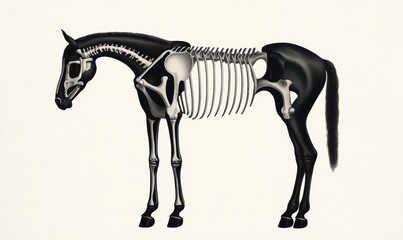 Obraz premium Vintage illustration of horse anatomy skeleton from Petit Larousse 1914, ideal for monochromatic and sepia tones 
