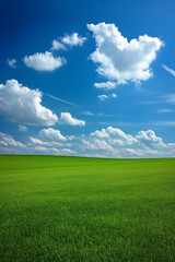 Obraz premium A scenic landscape of bright green grass and a vivid blue sky with light white clouds softly drifting 