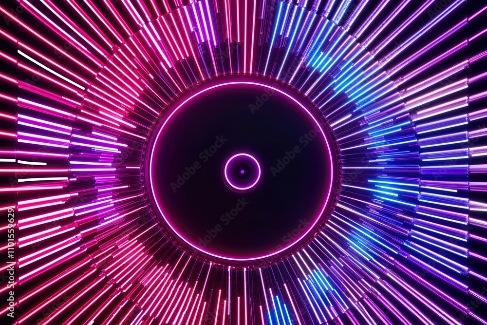 Poster vivid three-dimensional neon illumination with a radiating spectrum in a futuristic digital display