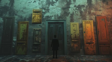 A figure stands before a wall adorned with colorful, distressed doors of varying sizes. The scene exudes a sense of vintage surrealism and hints at themes of choices, possibilities, and uncertainty.