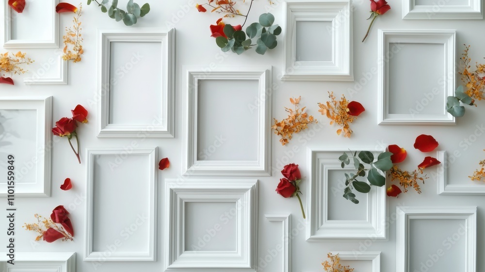 Poster creating an elegant gallery wall classic photo display with white frames scattered rose petals and e