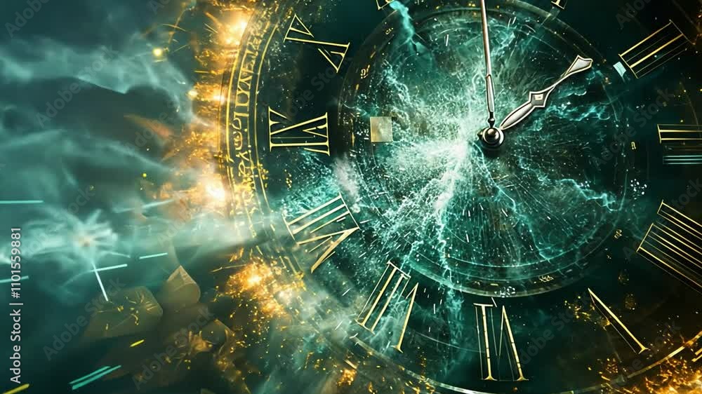 Poster The clock face at the center is adorned with intricate details, while vibrant lights and swirling colors blend around it, symbolizing the flow of time and moments passing swiftly.