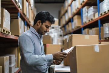 Indian man checks packing list in shipping office. Looks at document, cardboard box. Warehouse full of boxes. Man working. Logistic work. Preparing for delivery. Shipping order. E-business. Workplace.