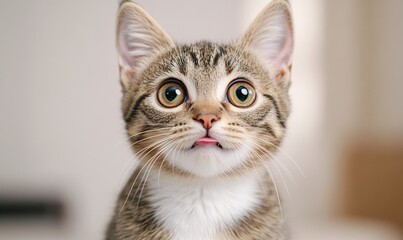 Obraz premium Wide-eyed tabby kitten with open mouth playfully posed, set against a white background; warm browns 