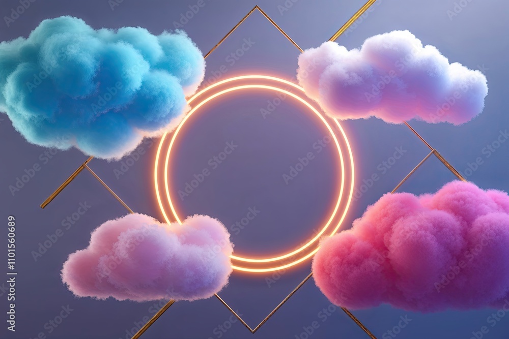 Poster three-dimensional abstract geometric background with a neon ring shape glowing inside soft colorful 