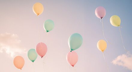 Pastel Balloons Floating in a Serene Sky: Dreamy Summer Celebration