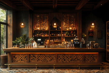 A bar, specifically the area in which bartenders mix drinks with bottles behind them