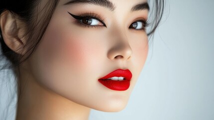 Fototapeta premium A close-up of an Asian woman with flawless makeup, featuring bold red lips and perfectly winged eyeliner, her face softly illuminated by natural light, highlighting her elegance