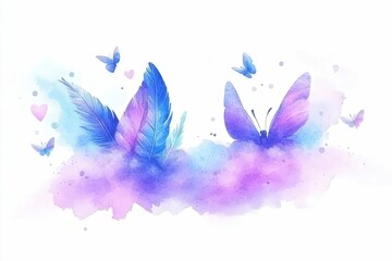 Colorful Feathers and Butterflies on Textured Background