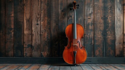 A cello resting against a dark mahogany backdrop