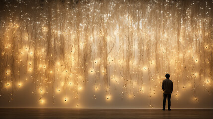 the wall is festively decorated with small lights of garlands with a golden glow, against its background there is a person view from the back