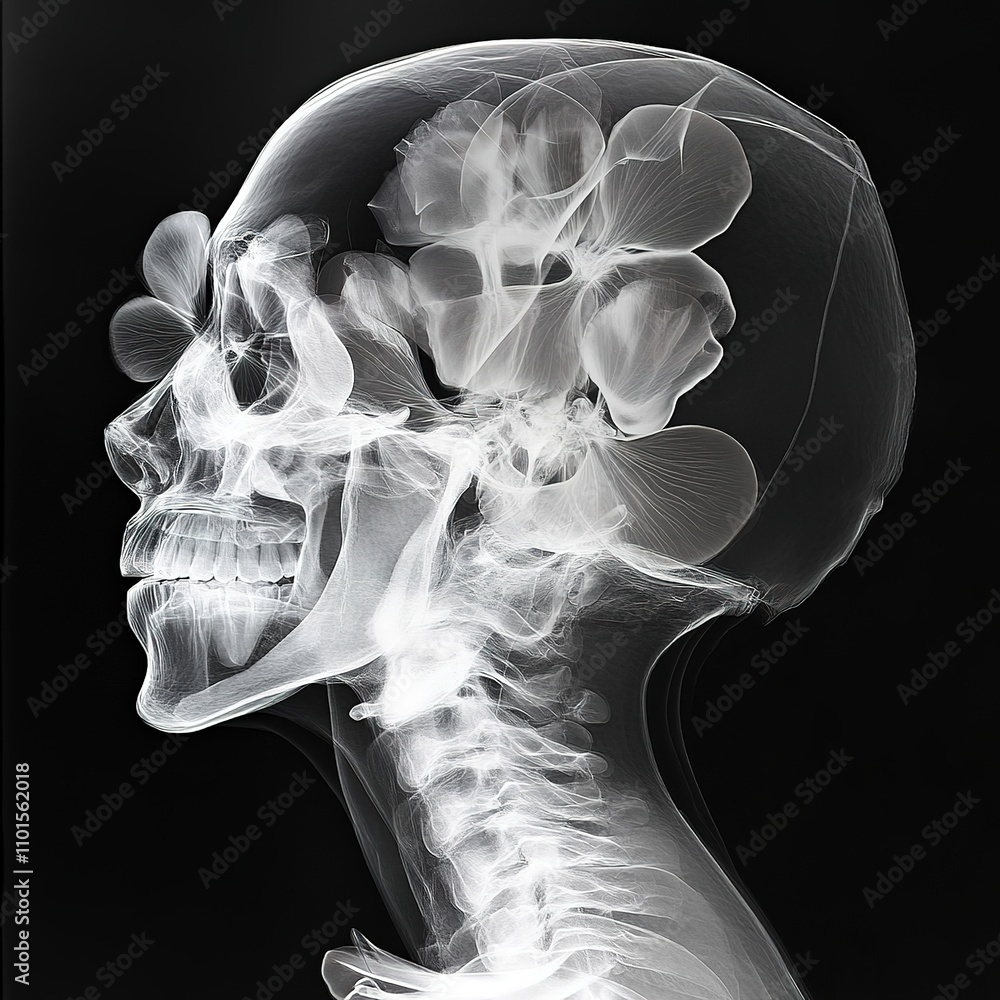Poster an x-ray image displaying the side profile of a human skull and neck, highlighting detailed bone str