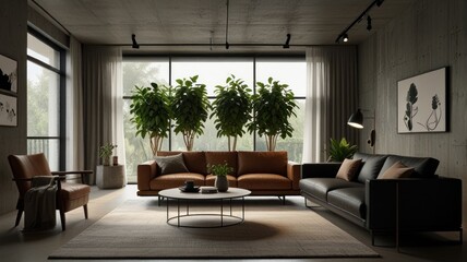 Modern living room with leather sofas, large windows, and potted plants.