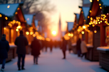 blurred background christmas market on snowy winter day
