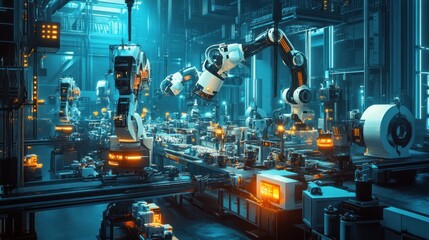 Futuristic robotic assembly line in a modern factory.
