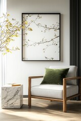 Showcase contemporary room design living area art display mockup stylish environment elegant viewpoint emphasizing botanical elements and marble side tables for modern aesthetic appeal