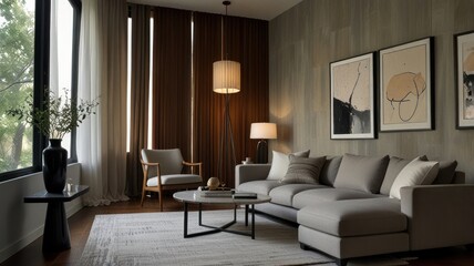 Fototapeta premium Here's a description and keywords for your stock photo.. Modern living room with sectional sofa, floor lamp, artwork, and large windows.