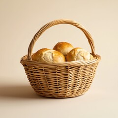Freshly Baked Bread Rolls in a Woven Basket on Light Background