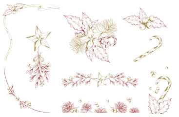 Christmas design line in elegant vintage style with different corner, separator and frame elements