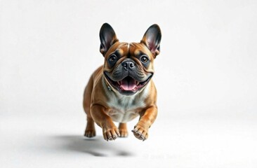 Obraz premium Portrait of cute playful puppy in motion jumping isolated on white background. Happy dog ​​running. Copy space for advertising. High quality photo