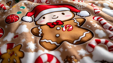 Obraz premium Gingerbread Man Christmas Blanket: A cozy and cheerful Christmas blanket featuring a cute gingerbread man with a red bowtie and Santa hat. The blanket is adorned with festive candy cane.