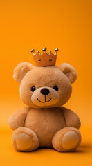 Obraz premium A cute teddy bear toy wearing a gold crown on its head, set against a simple solid-color background in a cartoon style.