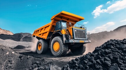 Large yellow dump truck in a coal mining site with piles of coal and a clear blue sky
