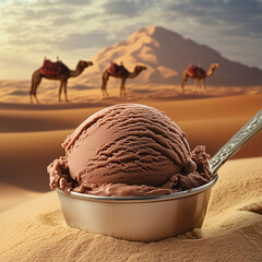 An ice cream scoop melts in the desert, with dunes and camels in the background, while a silver spoon drips chocolate and vanilla onto a glass cup.