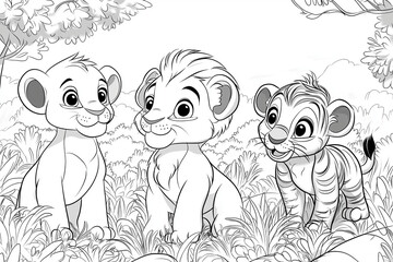 illustration, animaux de la jungle, coloriage enfant, à imprimer, noir et blanc, activité, dessin, mignon, tout-petits, adorable, joli, fun, loisir	
