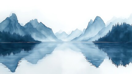 Naklejka premium Minimalist watercolor-inspired blue mountains mirrored in a pristine still lake.