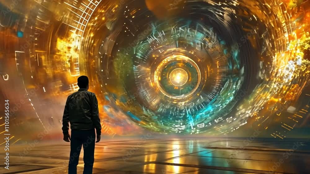 Aufkleber A lone figure gazes into a mesmerizing portal filled with vibrant colors and intricate patterns, evoking a sense of wonder and exploration in a mysterious environment.