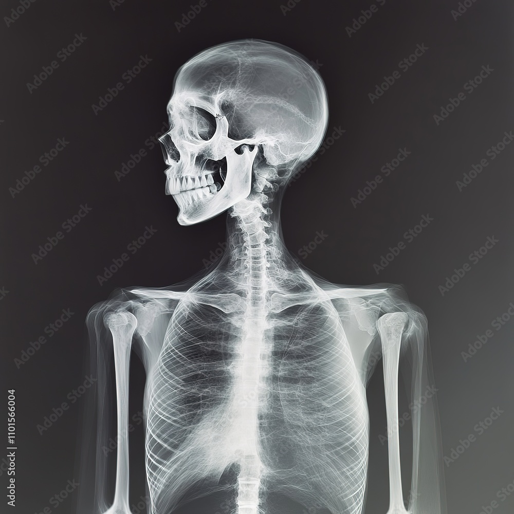Poster a side view of a human skeleton depicted in an x-ray, showcasing the skeletal structure and alignmen