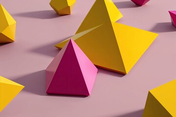Innovative Yellow and Pink 3D Geometric Tetrahedron Render for Futuristic Design