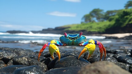 Obraz premium A vibrant crab stands on jagged rocks with a striking blue sky above, showcasing its brilliant hues and coastal habitat.