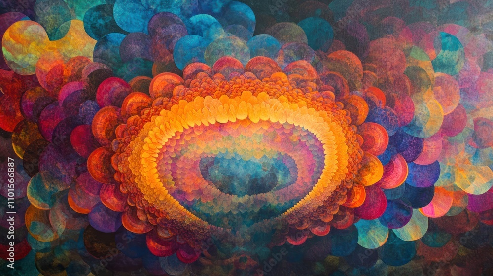 Poster abstract colorful fractal art with vibrant concentric circles and a heart-shaped core.