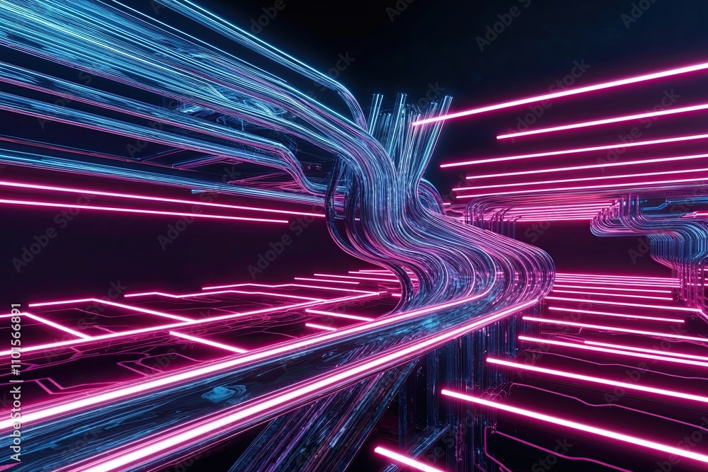 Poster vibrant 3d abstract visuals with illuminated neon waves and advanced digital technology