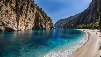 Obraz premium Butterfly valleys secluded beach surrounded by steep cliffs and crystal clear waters, AI Generated