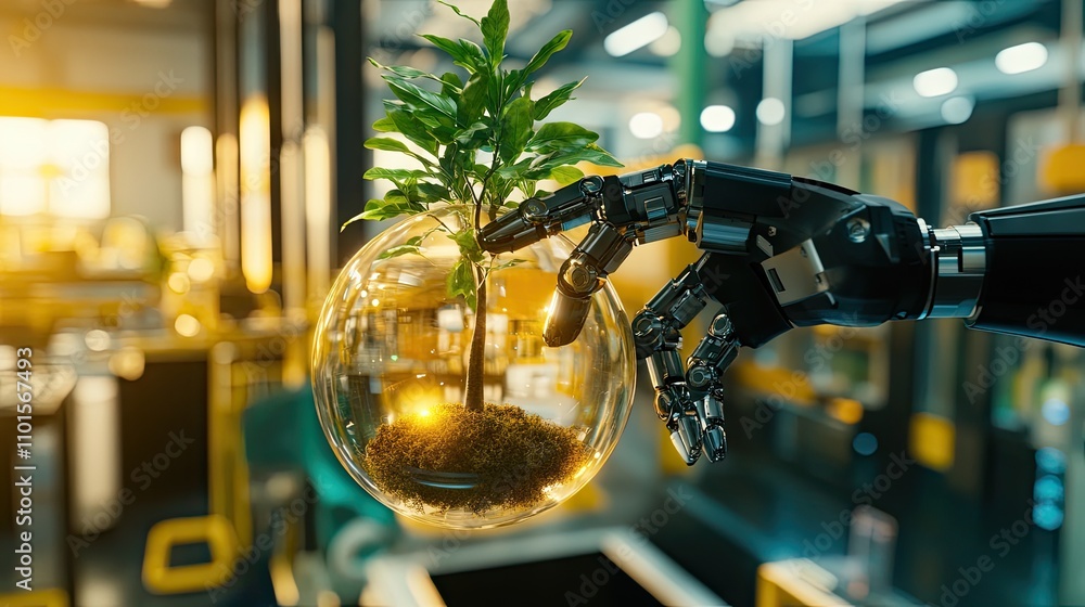 Poster advanced technology and ecology, a robot hand displaying a glowing glass globe with a tree sapling.