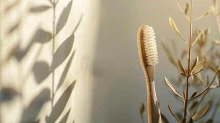 Eco-friendly sustainable wooden toothbrush. Environmental consciousness and natural oral care products. nature, sustainability, and personal hygiene with a focus on eco-friendly choices