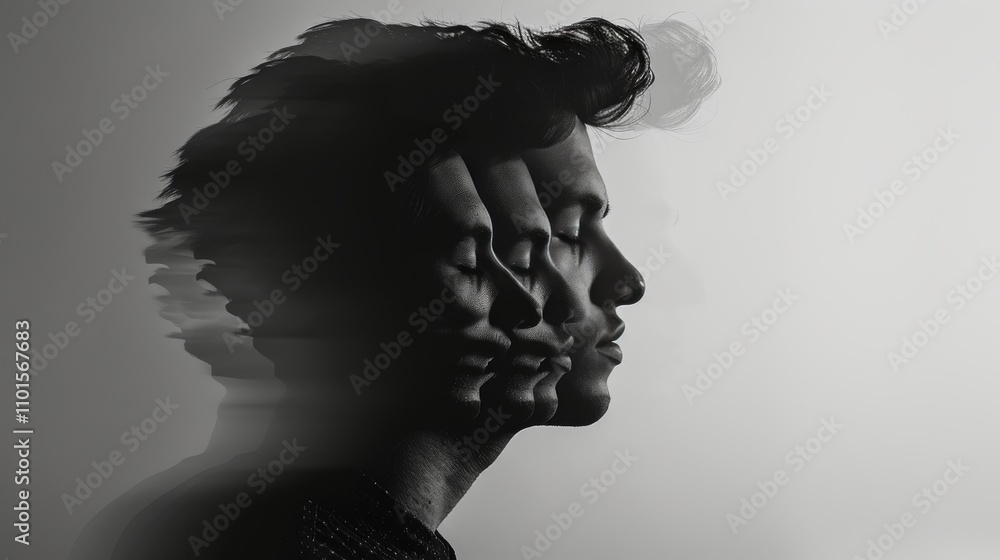 Poster a monochrome, abstract portrait using a multi-exposure technique, capturing the side profile of a ma