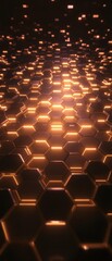 Fototapeta premium Illuminated metal hexagon grid with soft warm glow, hexagonal, ambient, soft
