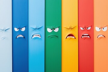 Colorful Angry Faces on Wood Panel Background Mood Emotion Expression