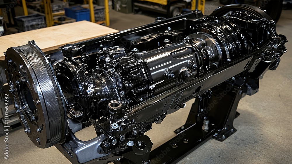 Poster a detailed view of a black engine assembly, showcasing intricate mechanical components and a polishe