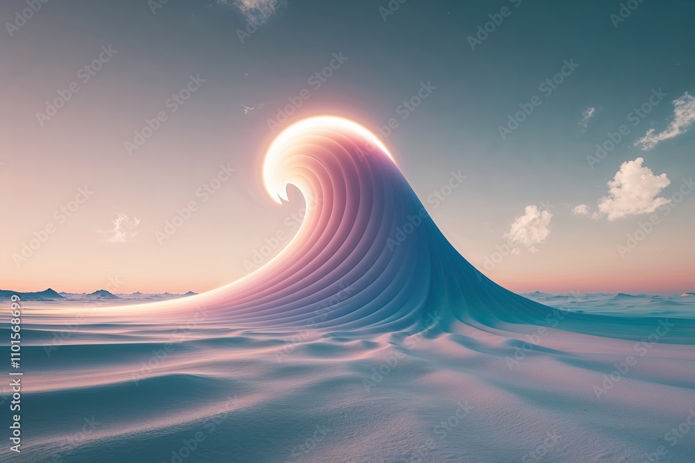Poster three dimensional wave shape emitting vibrant glows in a surreal sky with empty pyramidal frame